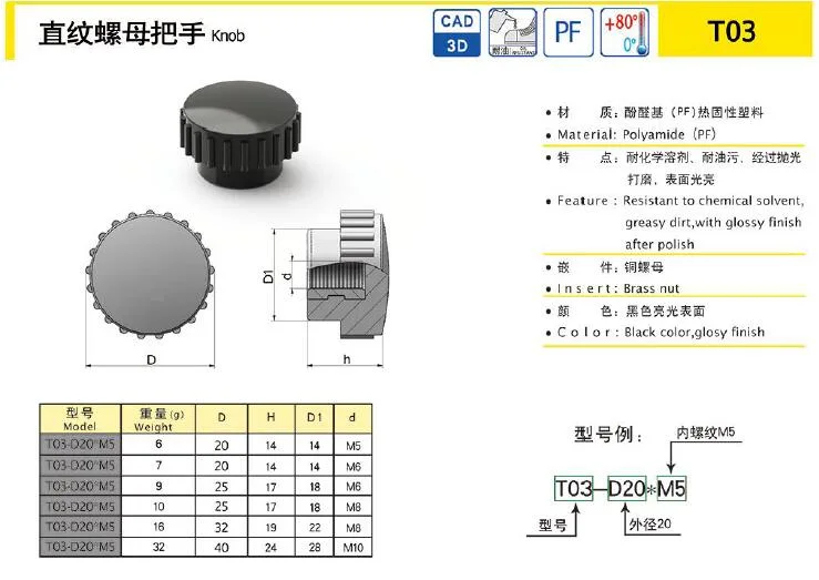 OEM Customized Knobs Handle Screw Clamping Nut Thread End Black Thumb Plastic Industrial Knob